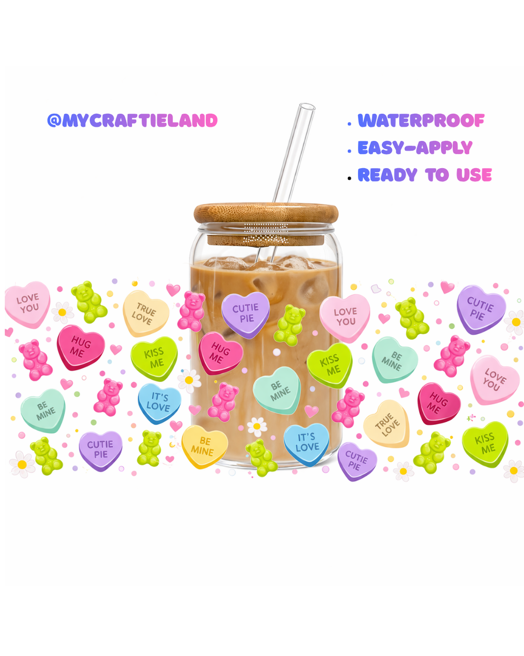 16oz Cup UV DTF Waterproof Wrap | Bear & Hearts