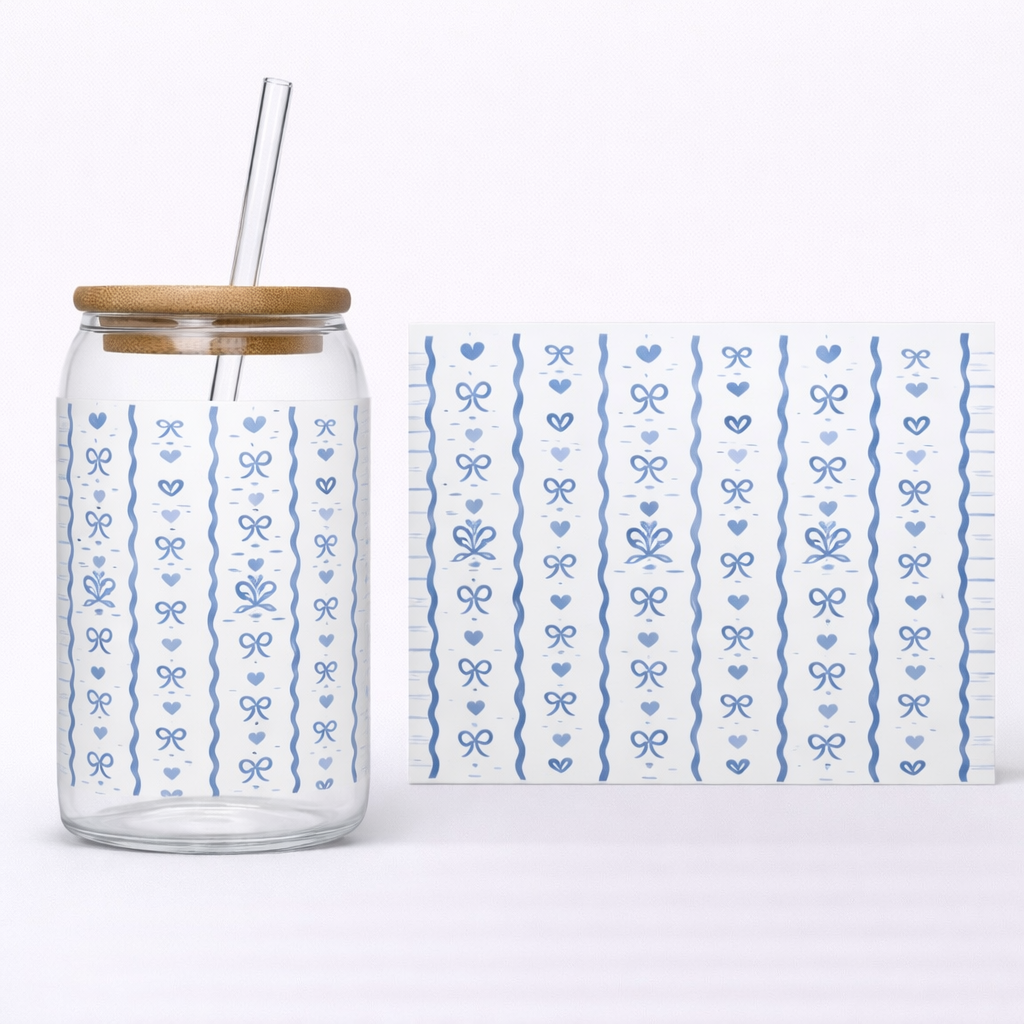 16oz Cup UV DTF Waterproof Wrap | Blue Bowtie