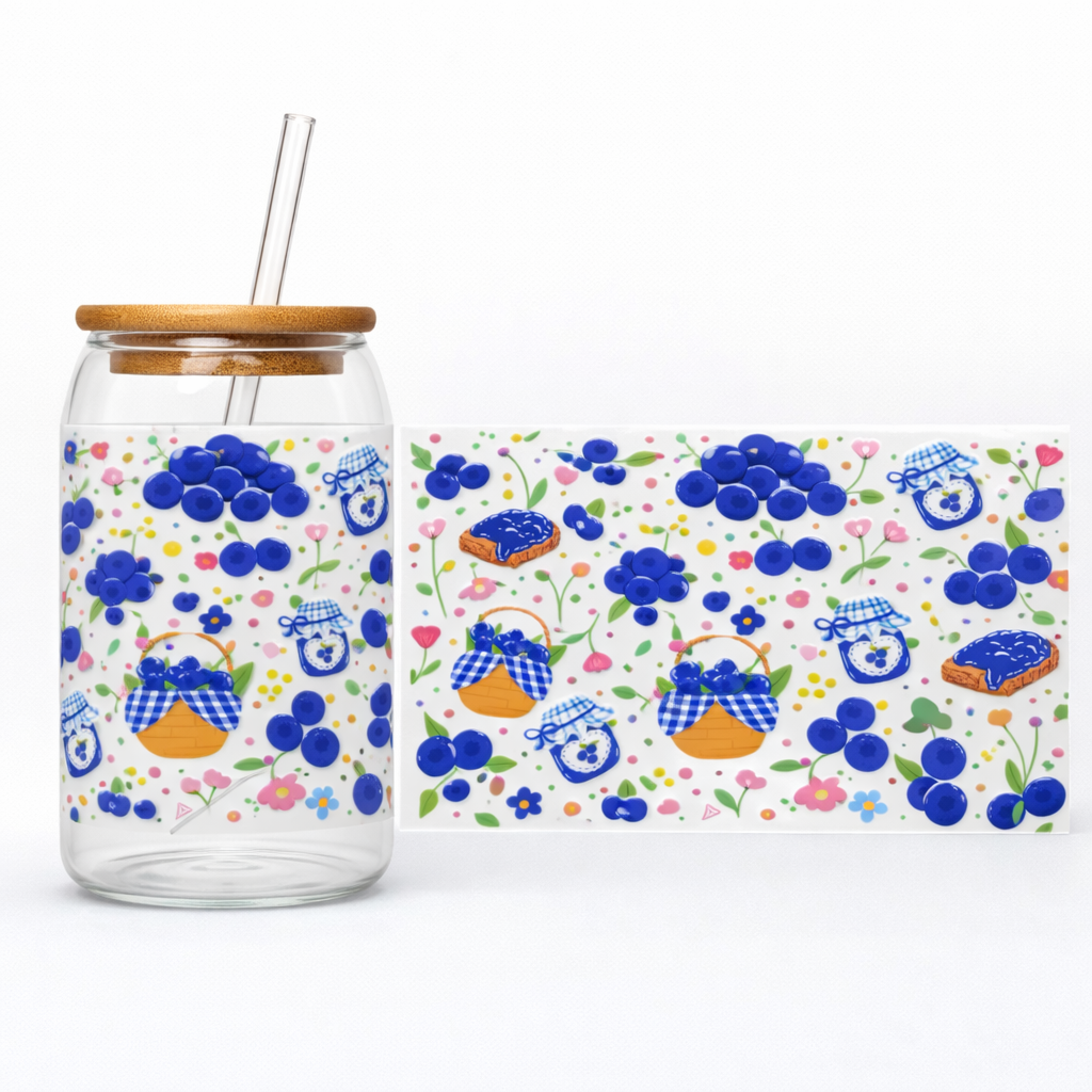 16oz Cup UV DTF Waterproof Wrap | Blueberry Garden