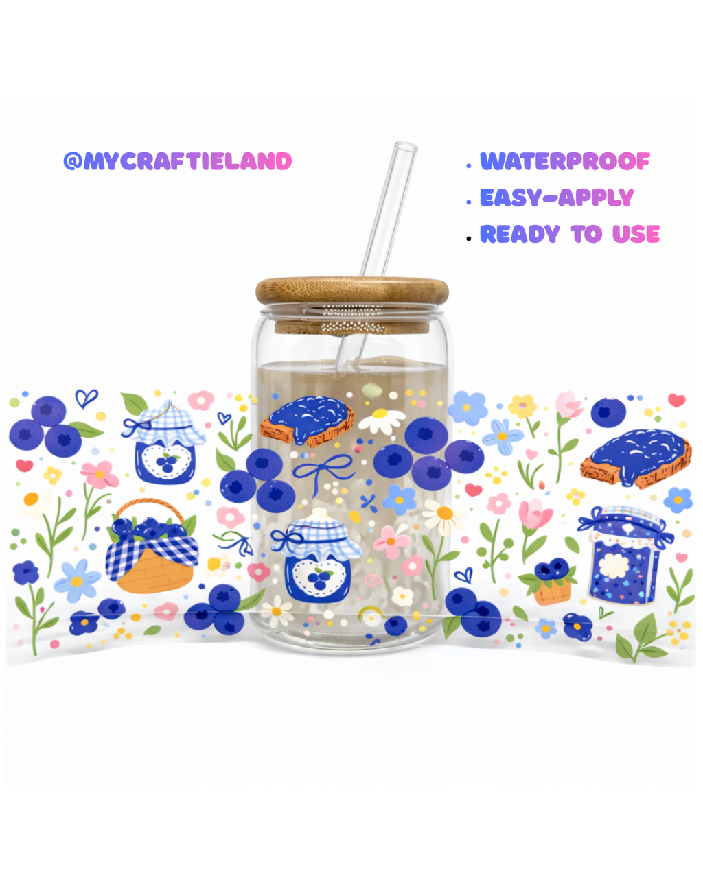 16oz Cup UV DTF Waterproof Wrap | Blueberry Garden