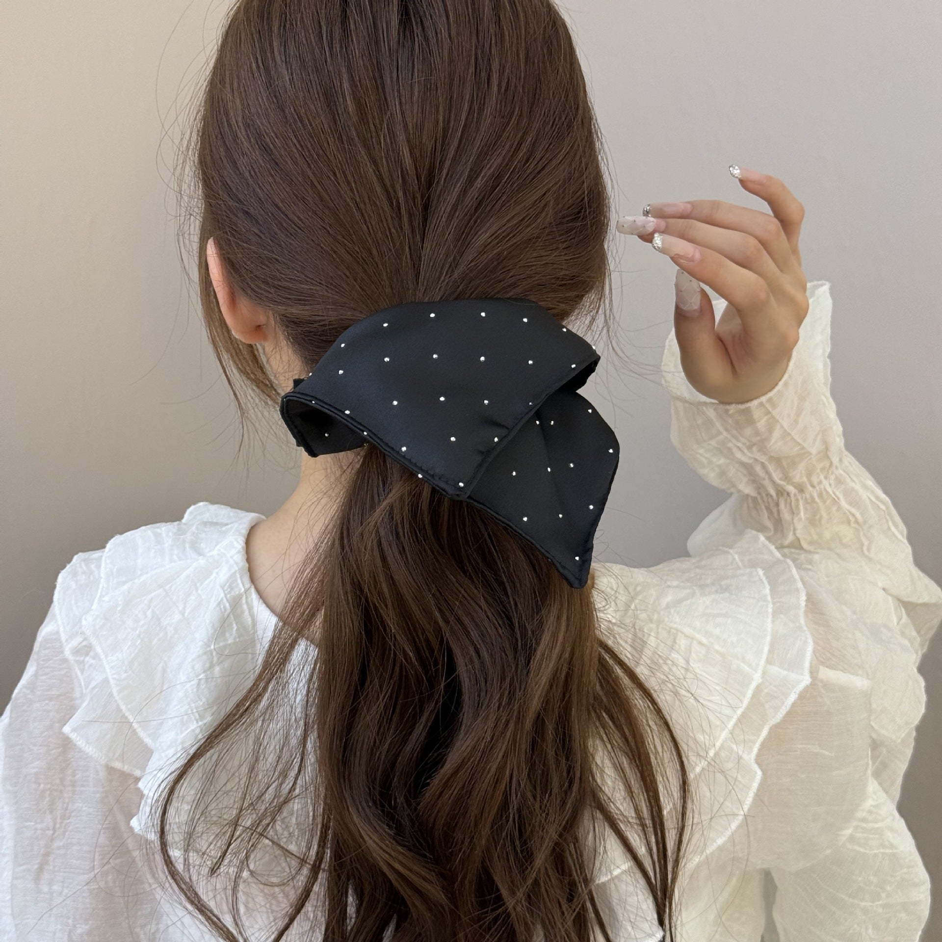 Rhinestone Bow Scrunchie – Silky Satin Hair Tie for Women (Sparkly Oversized Elegant Bow)