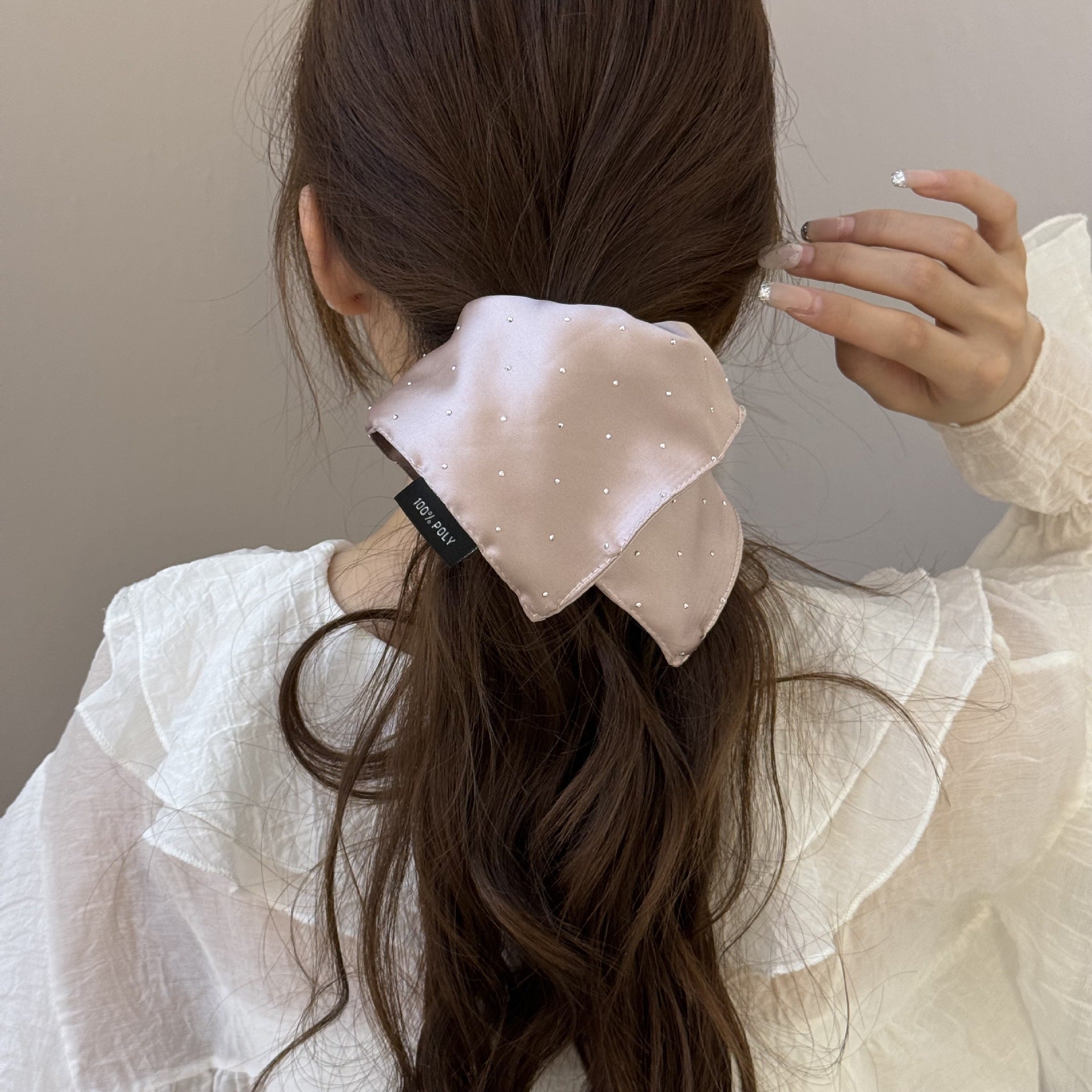 Rhinestone Bow Scrunchie – Silky Satin Hair Tie for Women (Sparkly Oversized Elegant Bow)