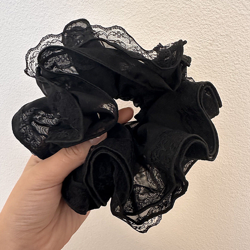 Lace Ruffle Scrunchie – Sheer Vintage Bow Hair Tie (Black & White)