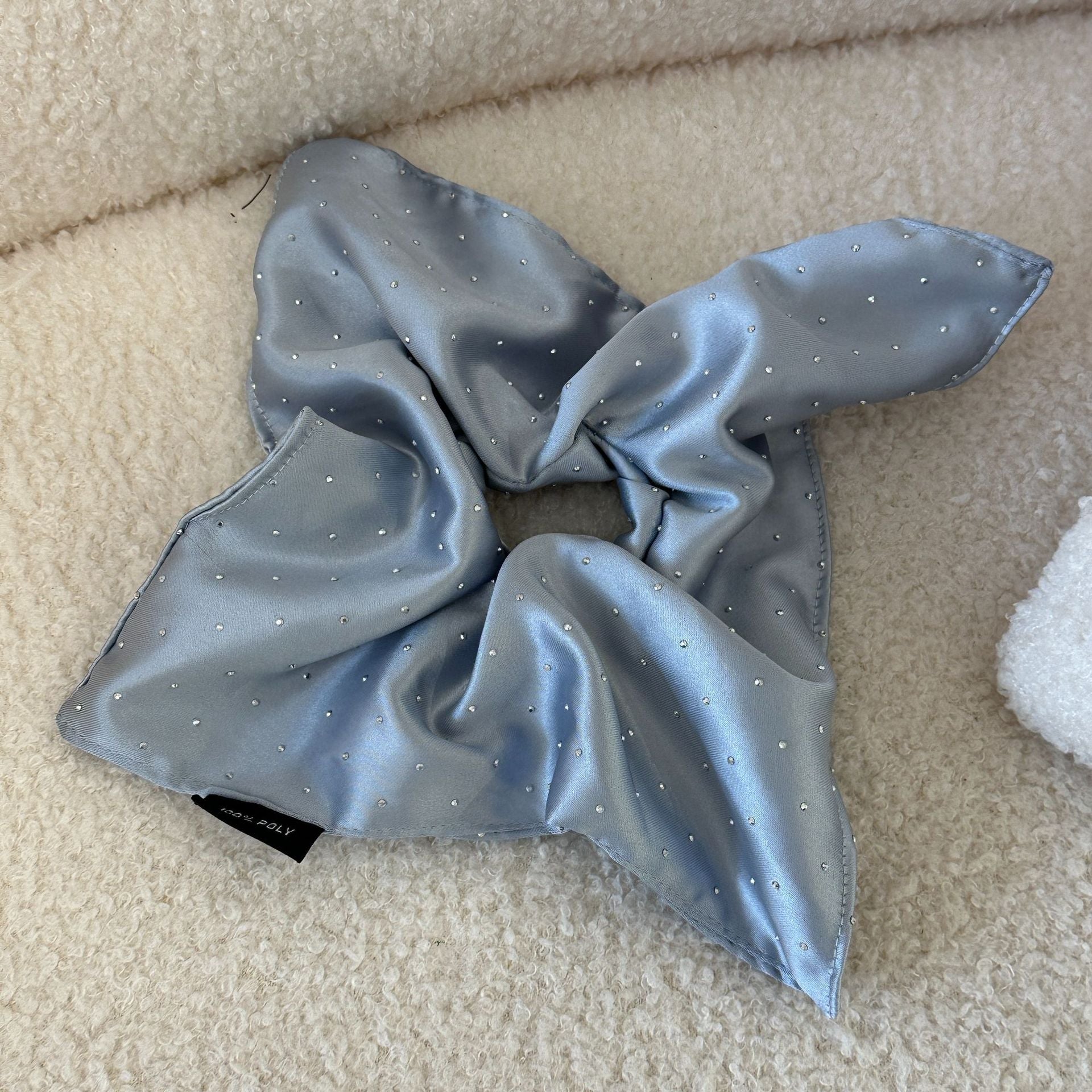 Rhinestone Bow Scrunchie – Silky Satin Hair Tie for Women (Sparkly Oversized Elegant Bow)