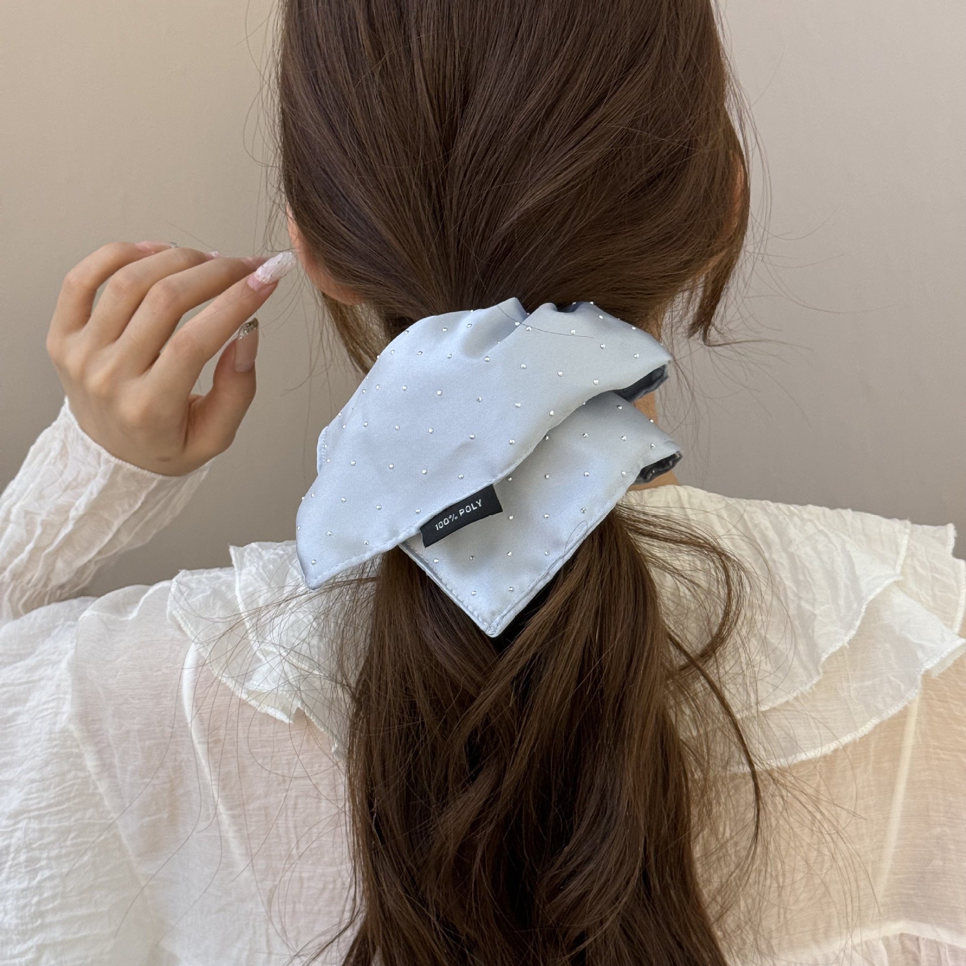 Rhinestone Bow Scrunchie – Silky Satin Hair Tie for Women (Sparkly Oversized Elegant Bow)