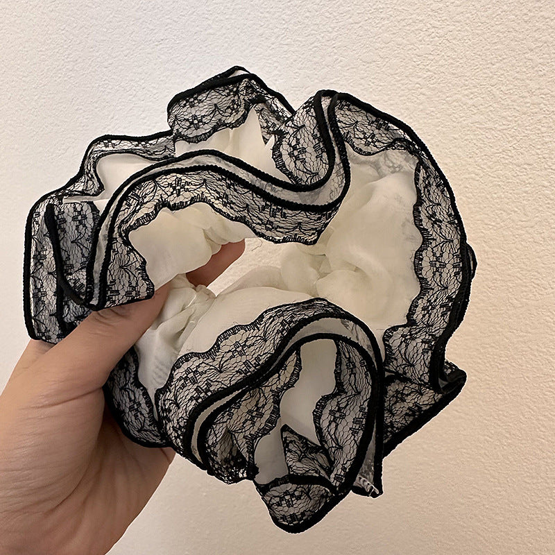 Lace Ruffle Scrunchie – Sheer Vintage Bow Hair Tie (Black & White)
