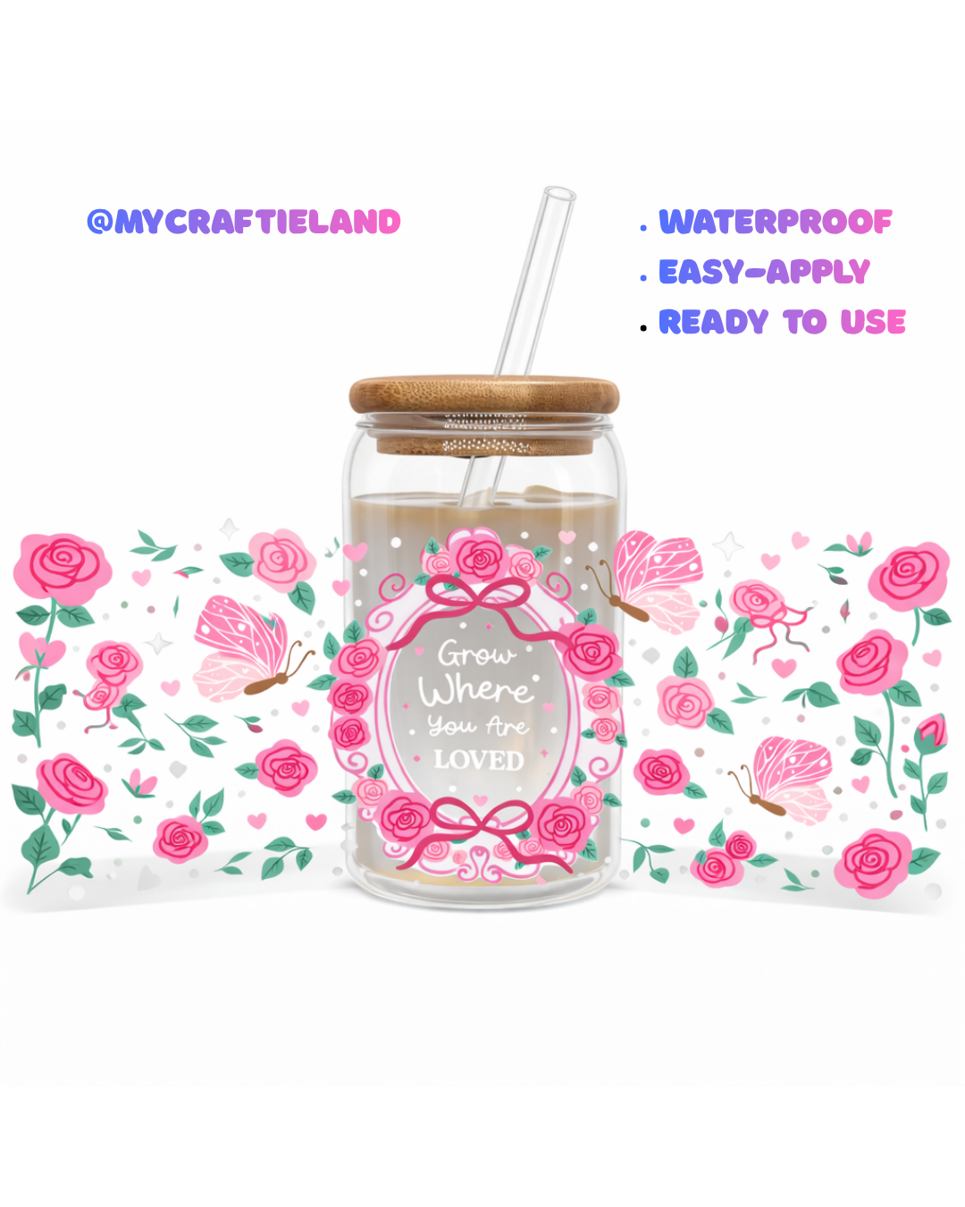 16oz Cup UV DTF Waterproof Wrap | Rose Garden