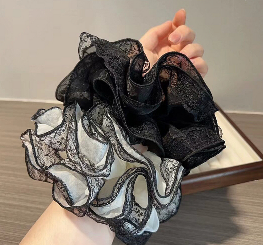 Lace Ruffle Scrunchie – Sheer Vintage Bow Hair Tie (Black & White)