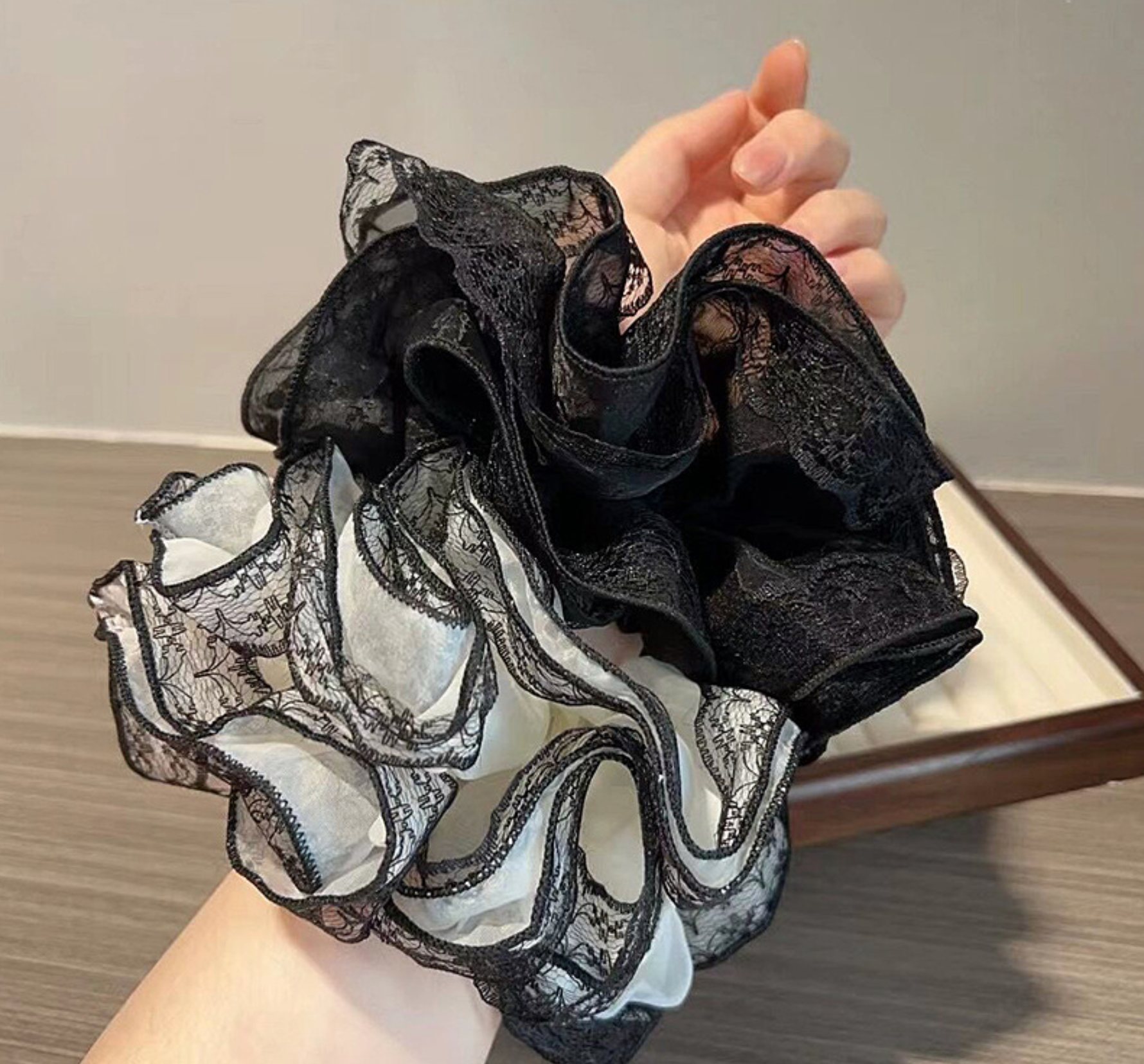 Lace Ruffle Scrunchie – Sheer Vintage Bow Hair Tie (Black & White)