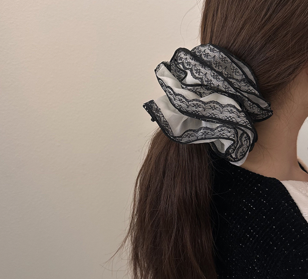 Lace Ruffle Scrunchie – Sheer Vintage Bow Hair Tie (Black & White)
