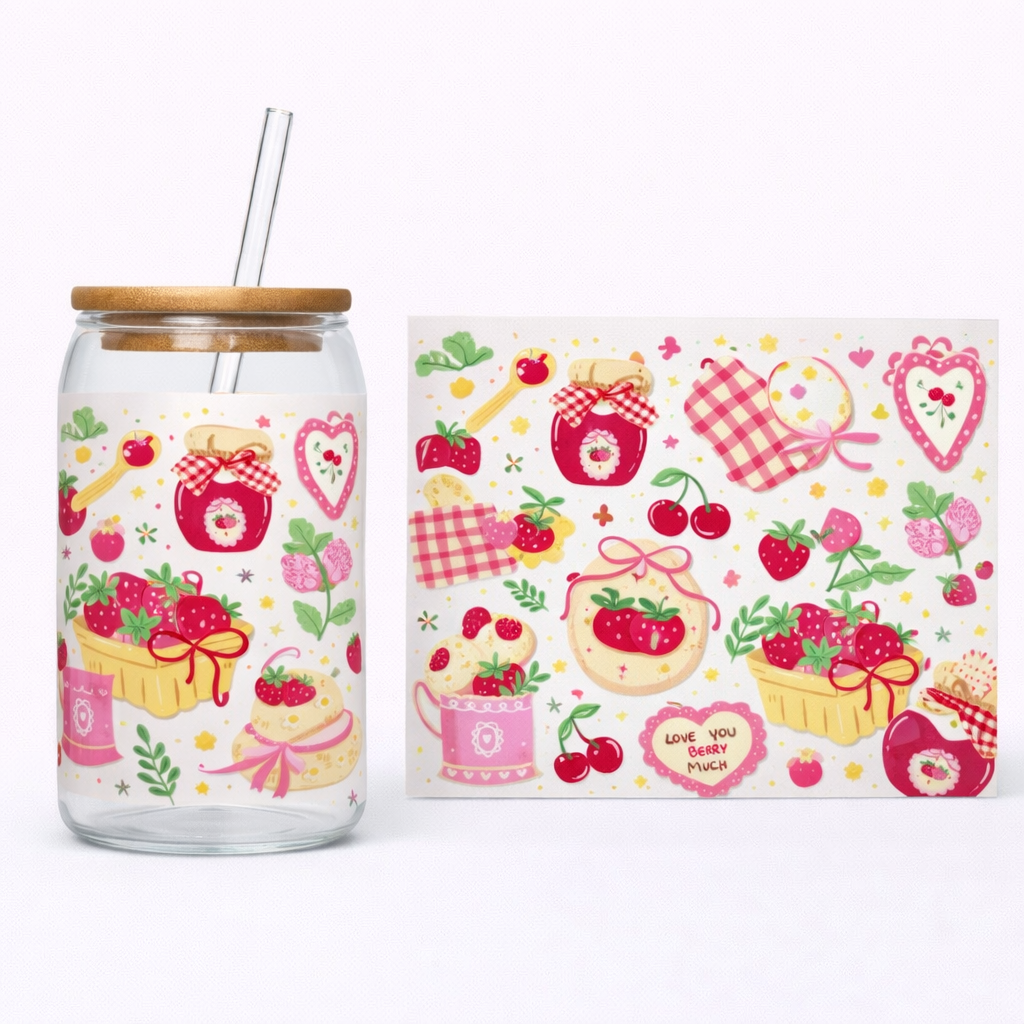 16oz Cup UV DTF Waterproof Wrap | Strawberry Garden