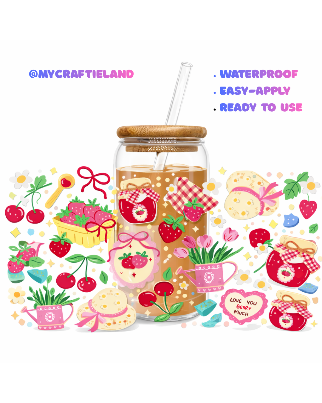 16oz Cup UV DTF Waterproof Wrap | Strawberry Garden