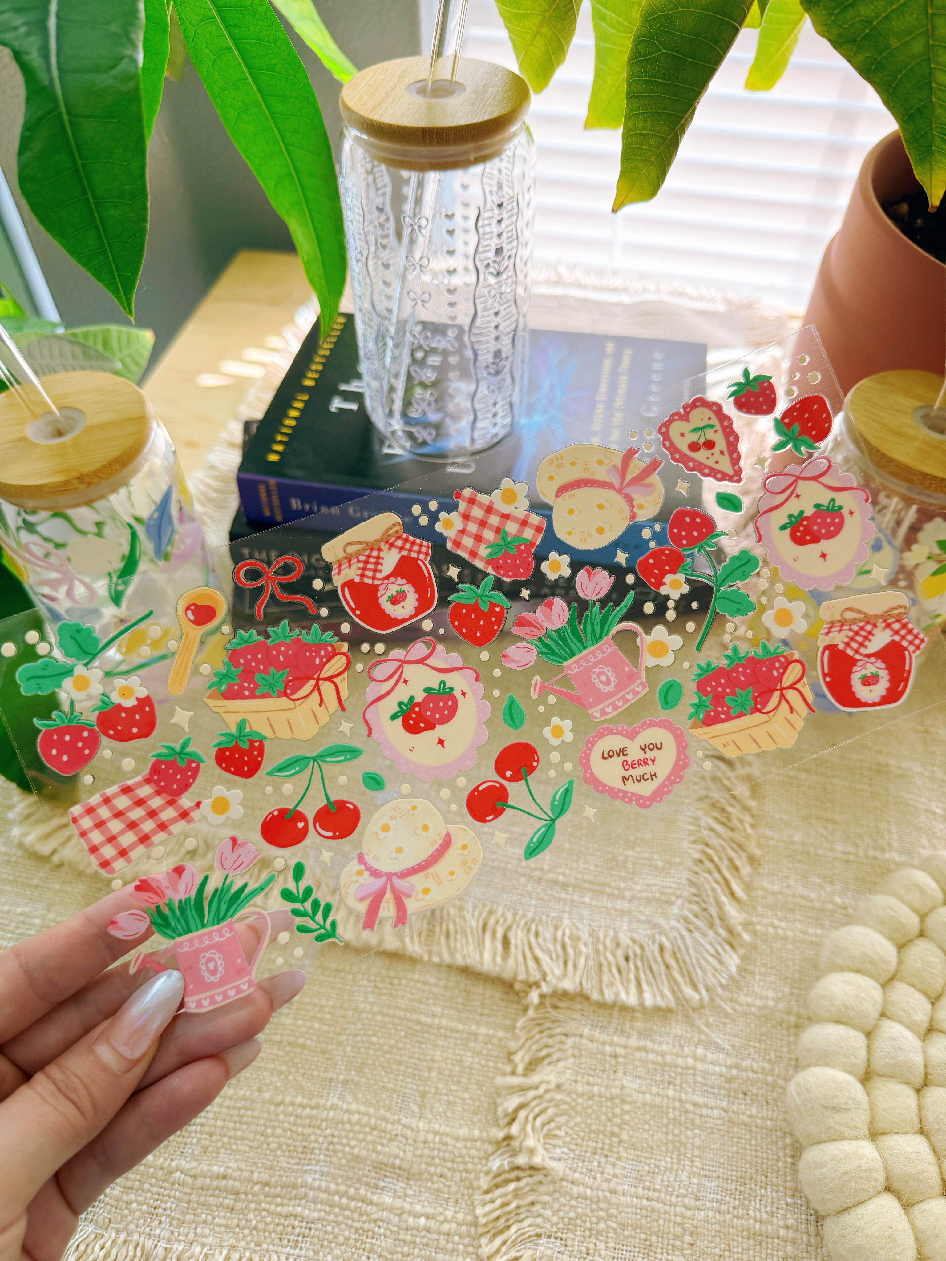 16oz Cup UV DTF Waterproof Wrap | Strawberry Garden