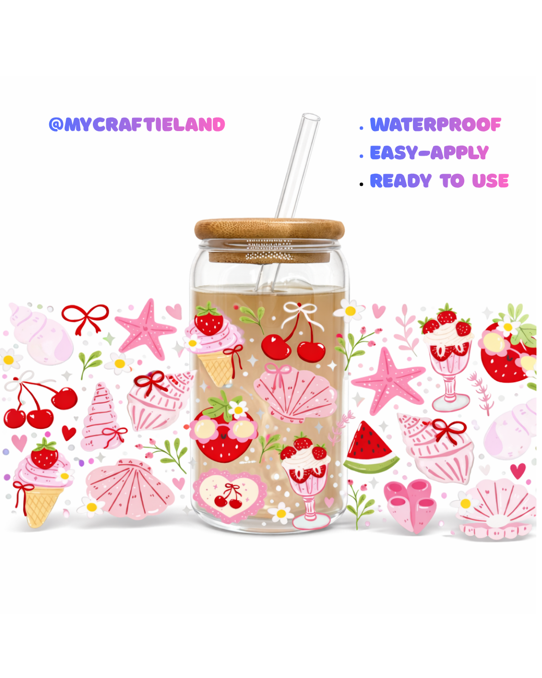 16oz Cup UV DTF Waterproof Wrap | Strawberry Summer